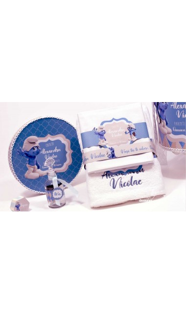 Trusou botez cu strumfii si broderie personalizata in nuante de crem si albastru Bebe Strumf 16